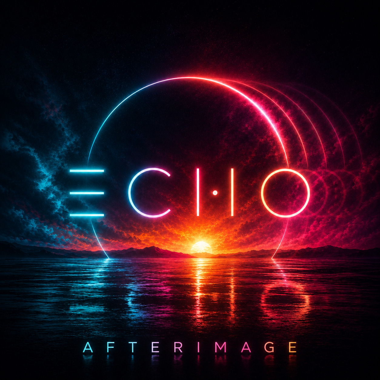 Afterimage album cover with the word Echo over a vivid blue, red, and orange horizon