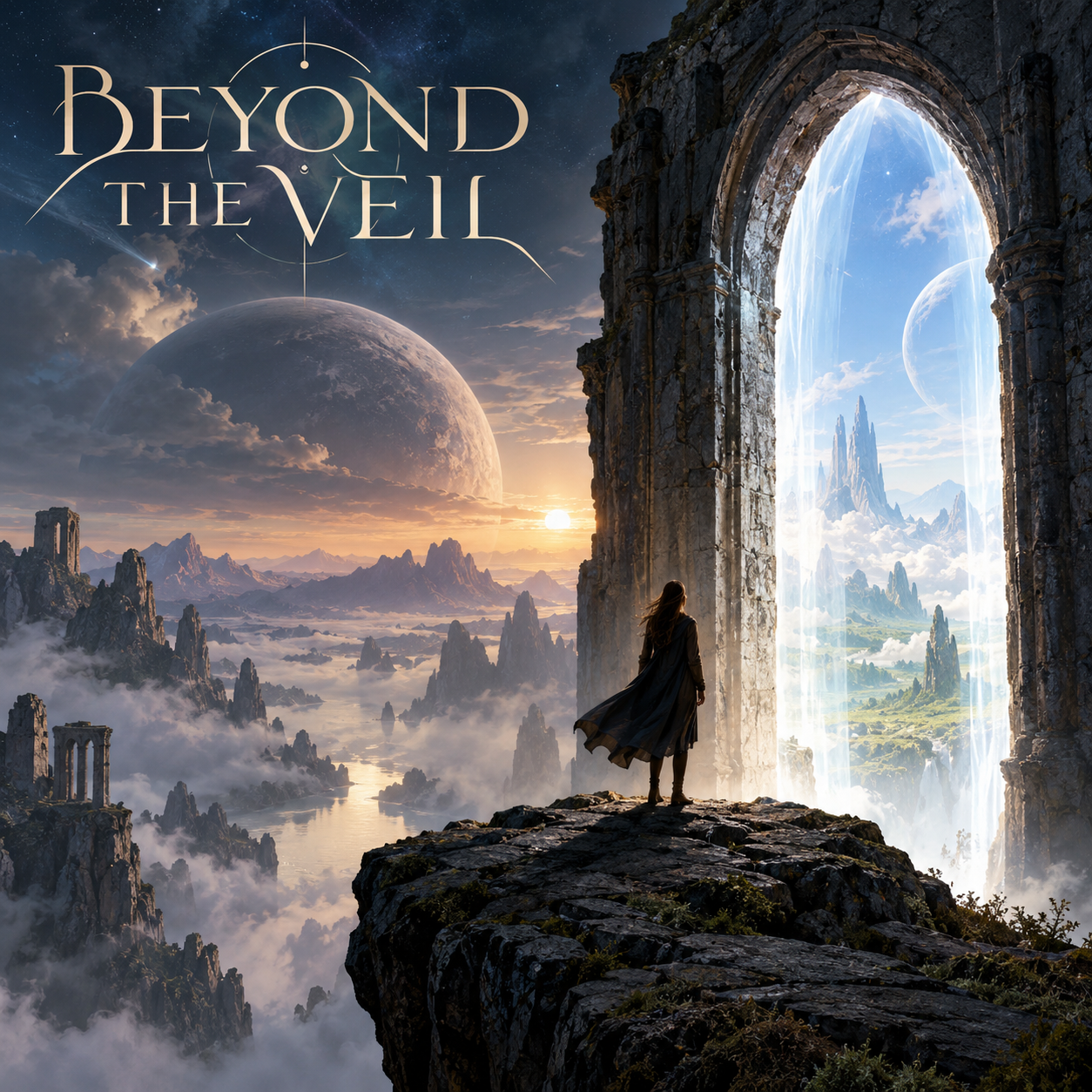 Beyond the Veil cover featuring a traveler facing a luminous portal between two fantastical worlds