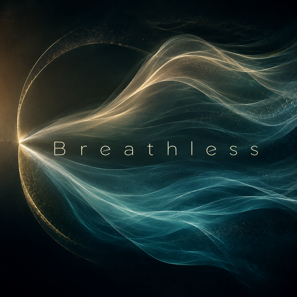 Breathless EP album cover with flowing teal and gold light surrounding the artist name Breathless