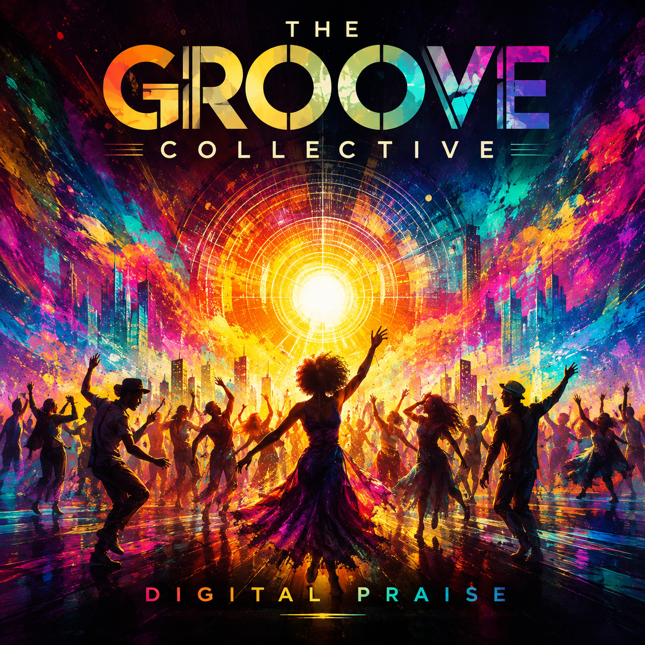 Digital Praise album cover with The Groove Collective above a vibrant crowd dancing in colorful light