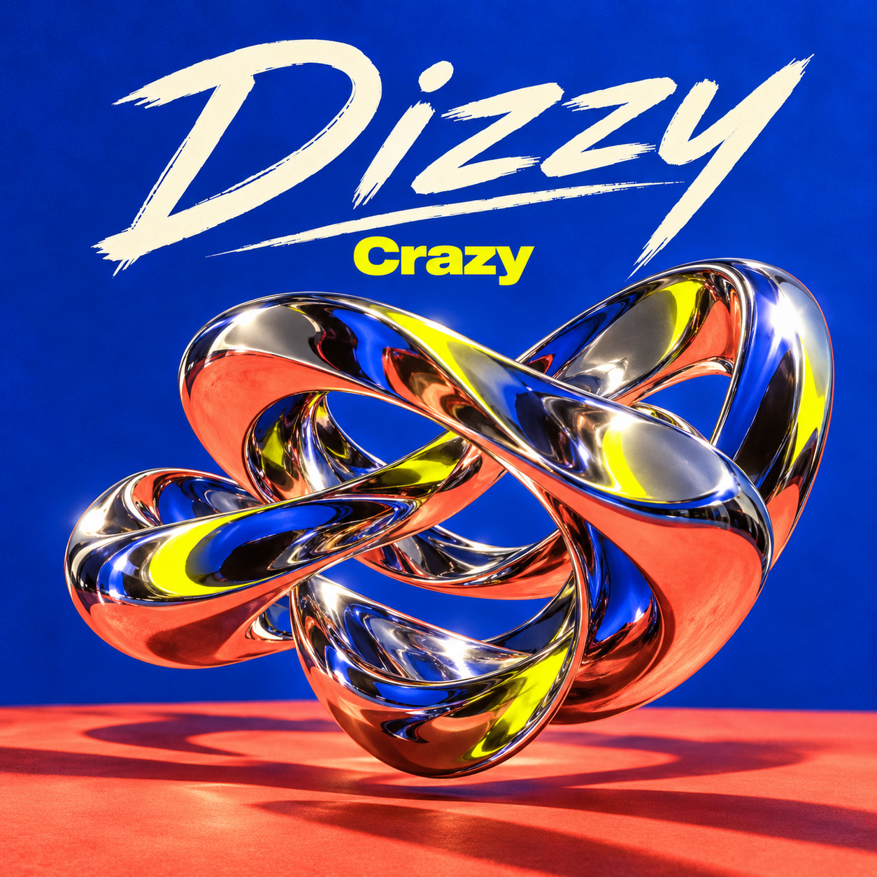 Crazy album cover by Dizzy featuring a colorful reflective abstract sculpture against a vivid blue background