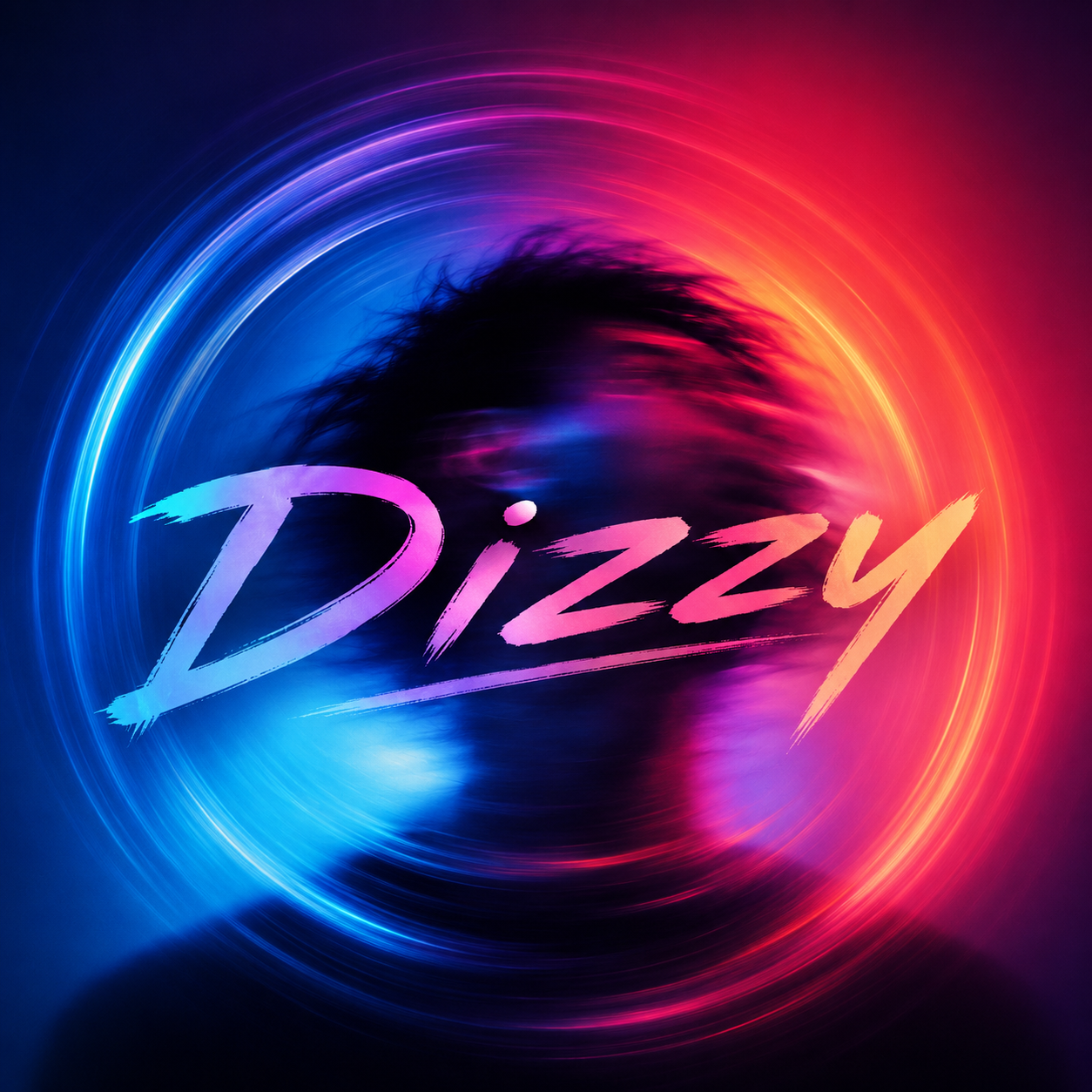 Dizzy EP album cover with a blurred figure surrounded by vivid blue and pink circular light
