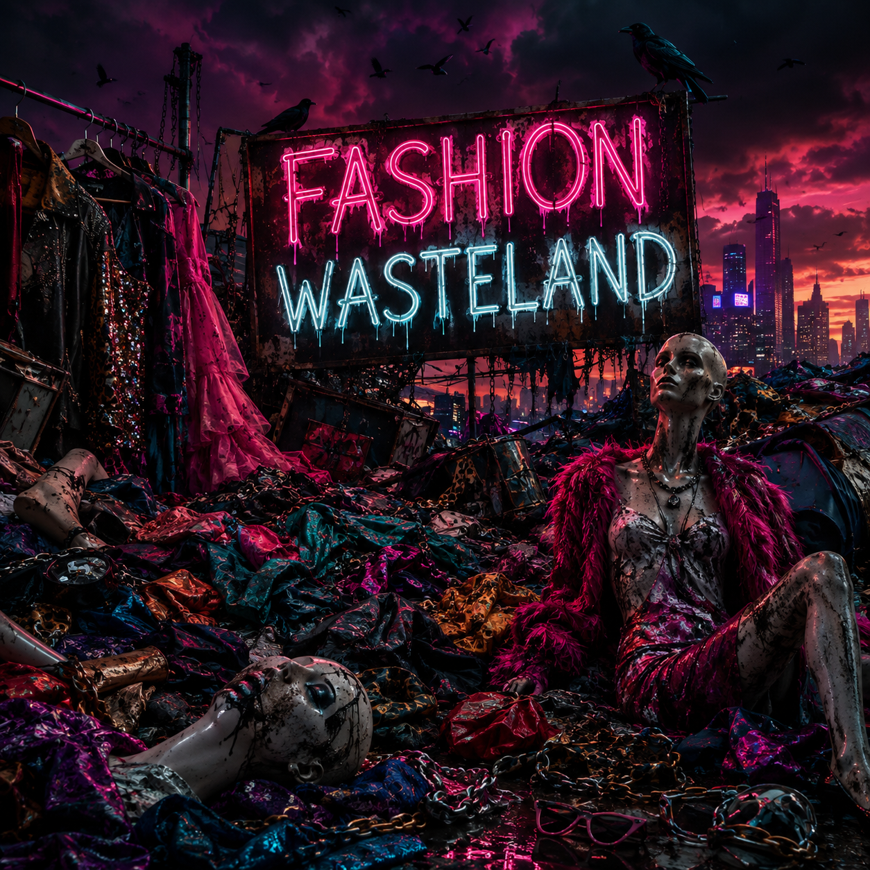 Fashion Wasteland album cover with neon lettering over discarded clothing and mannequins beneath a dramatic city sky