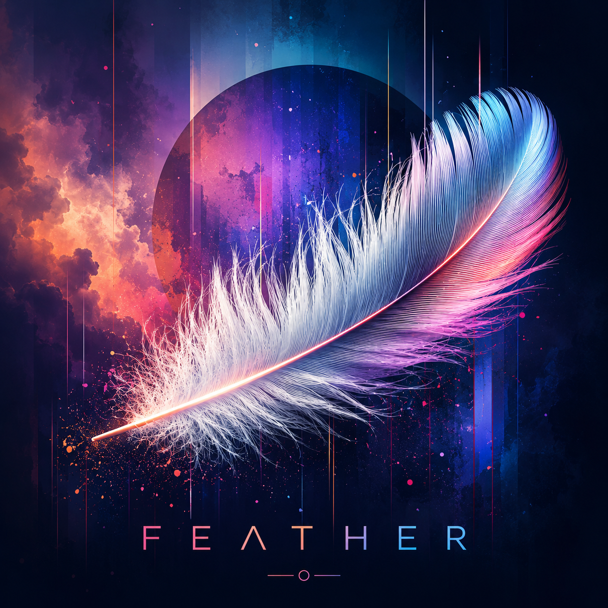 Feather album cover with a luminous white feather against vivid blue, purple, and coral light