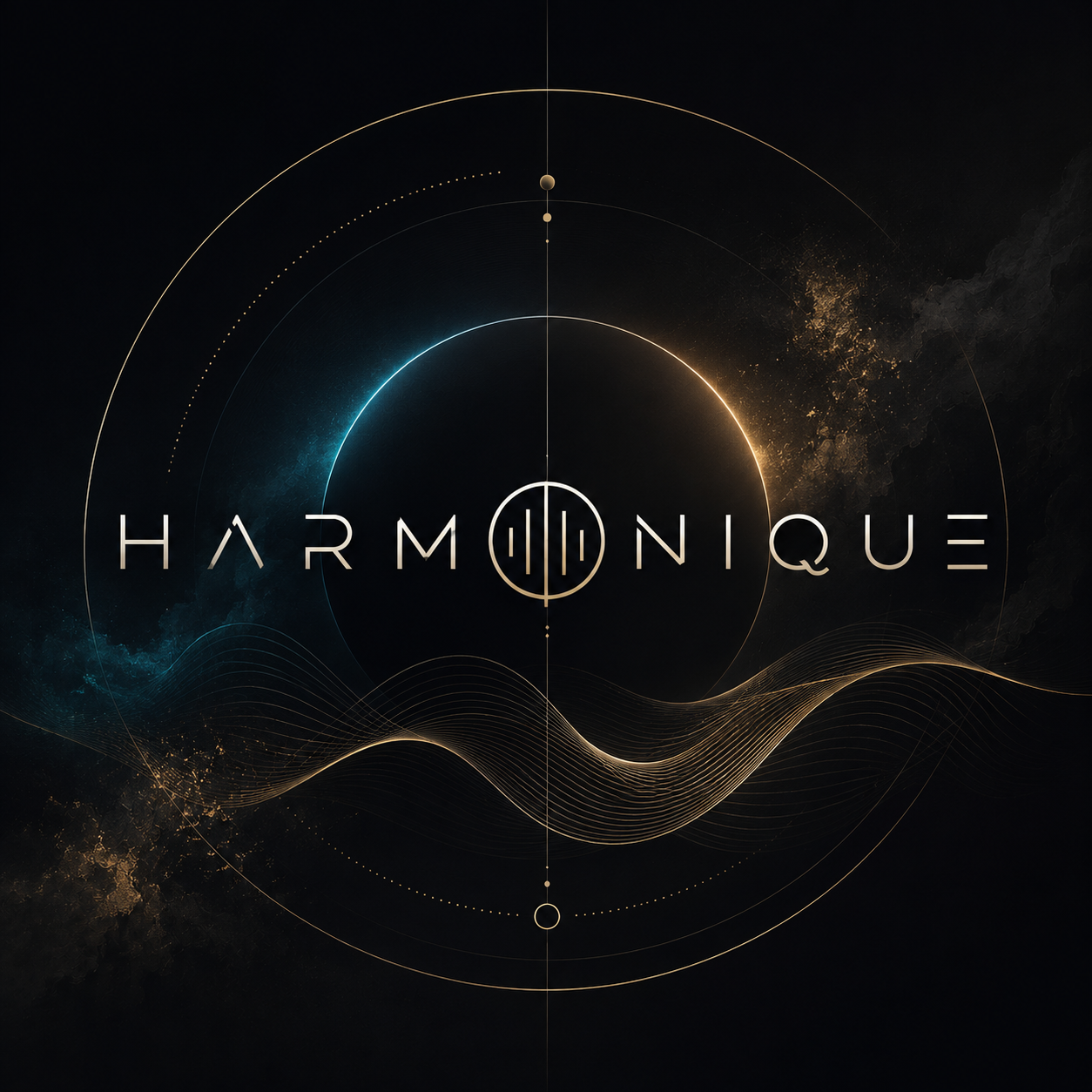 Harmonique album cover with gold and blue circular light surrounding the artist name Harmonique