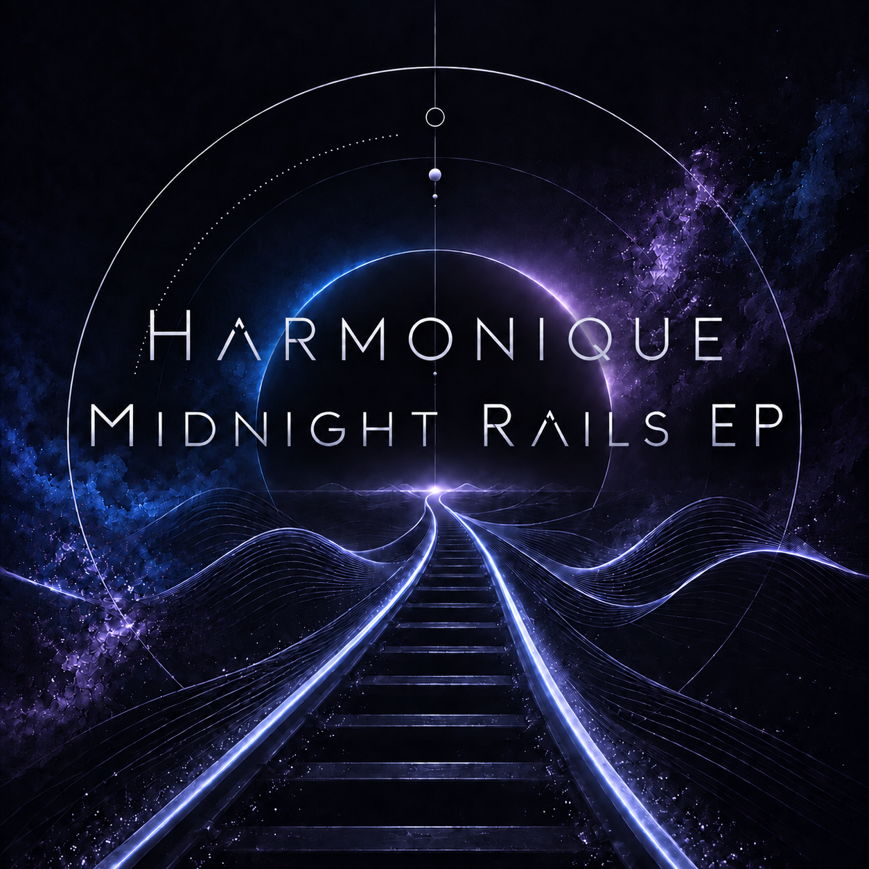 Midnight Rails EP album cover with the artist name Harmonique over luminous violet railroad tracks leading toward a dark horizon