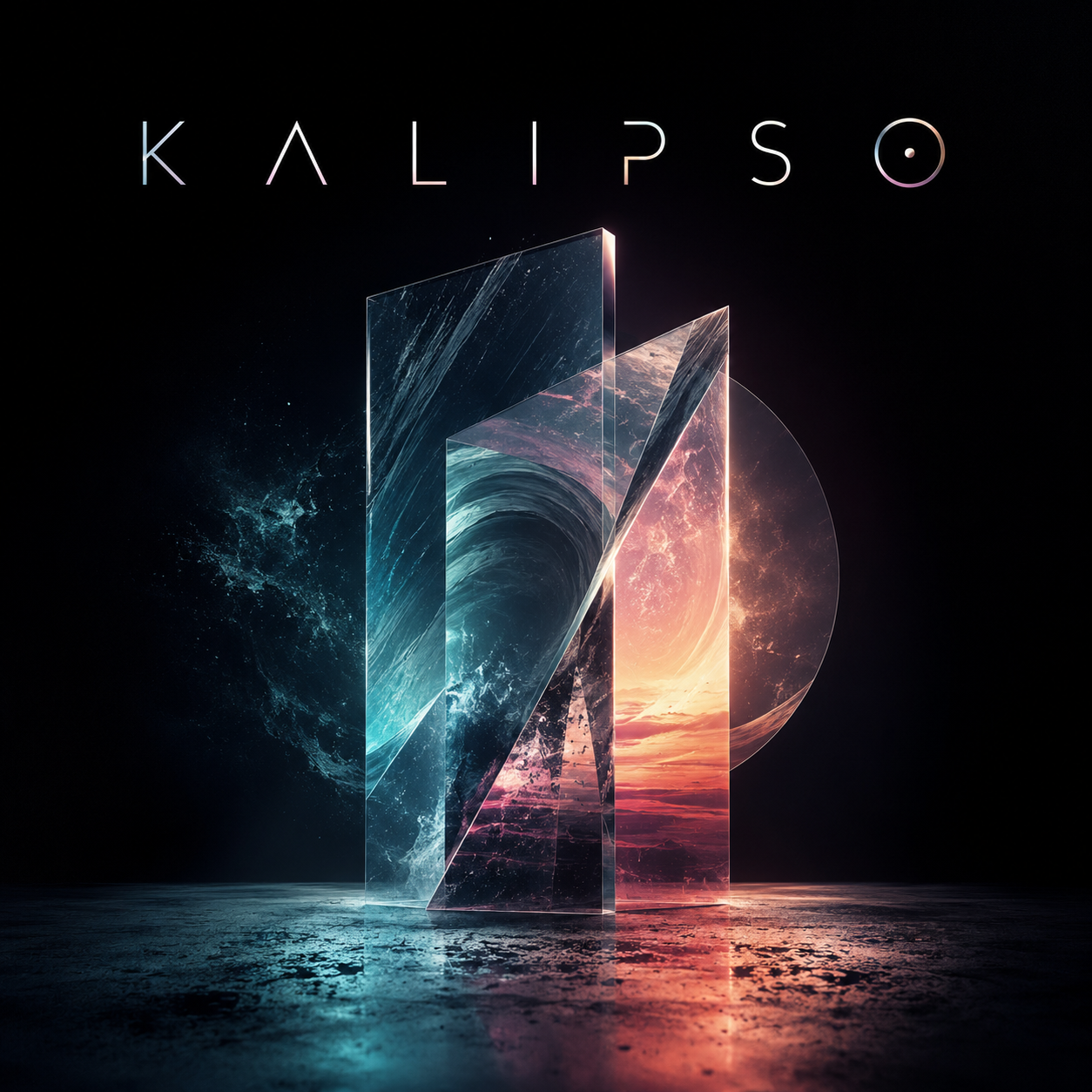 Kalipso album cover with luminous blue and coral glass forms against a black background