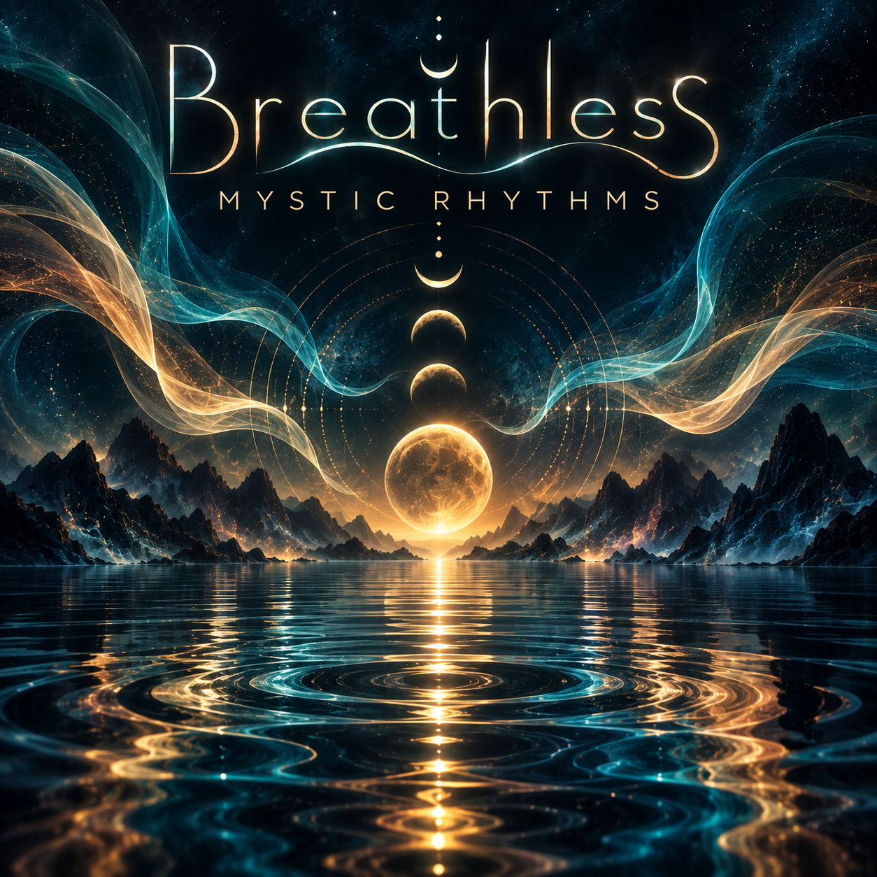 Mystic Rhythms album cover with celestial gold and teal light reflected across water beneath the artist name Breathless