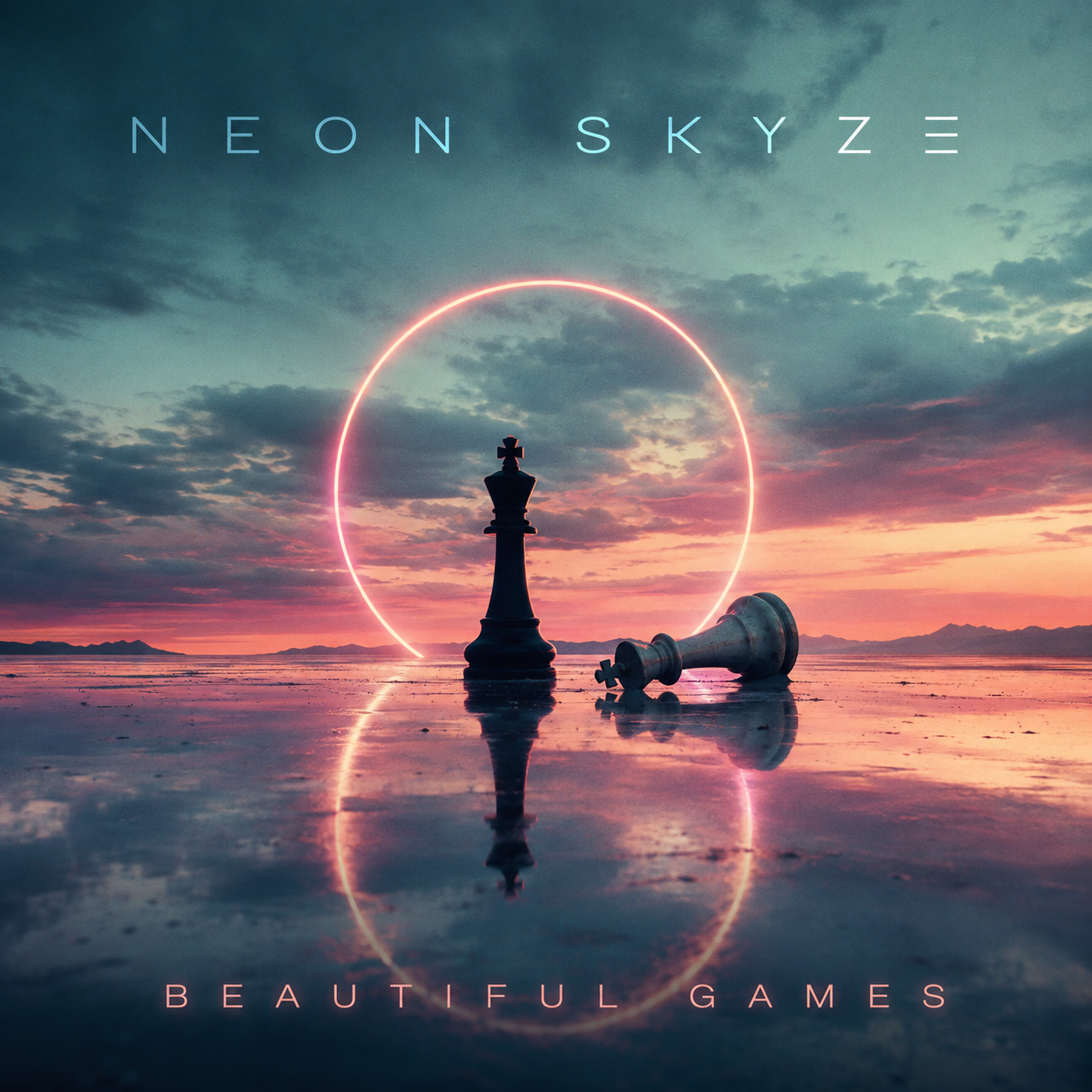 Beautiful Games album cover by Neon Skyze with chess pieces beneath a glowing circle at sunset