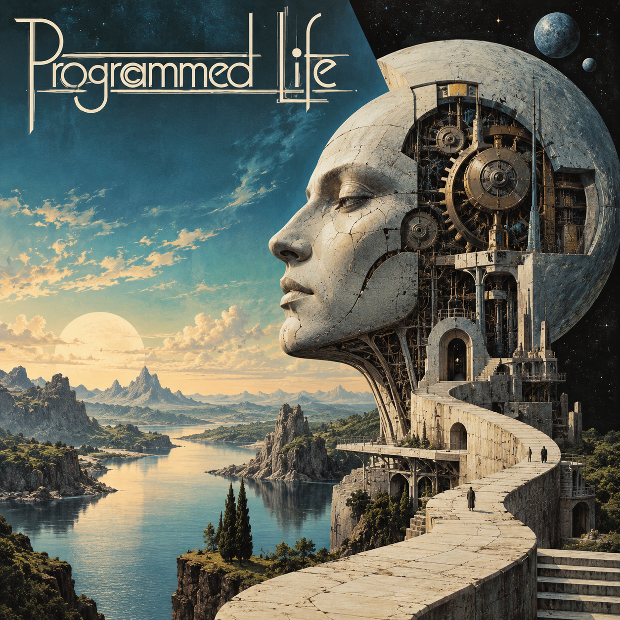 Programmed Life album cover featuring a monumental mechanical face overlooking a futuristic landscape