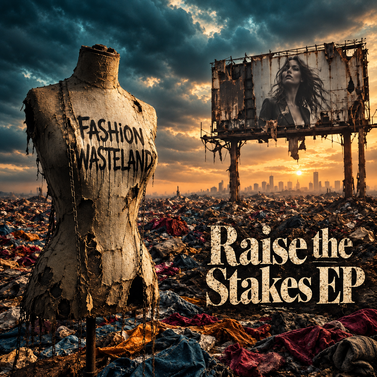 Raise the Stakes EP cover with a distressed dress form and billboard overlooking a wasteland of discarded clothing