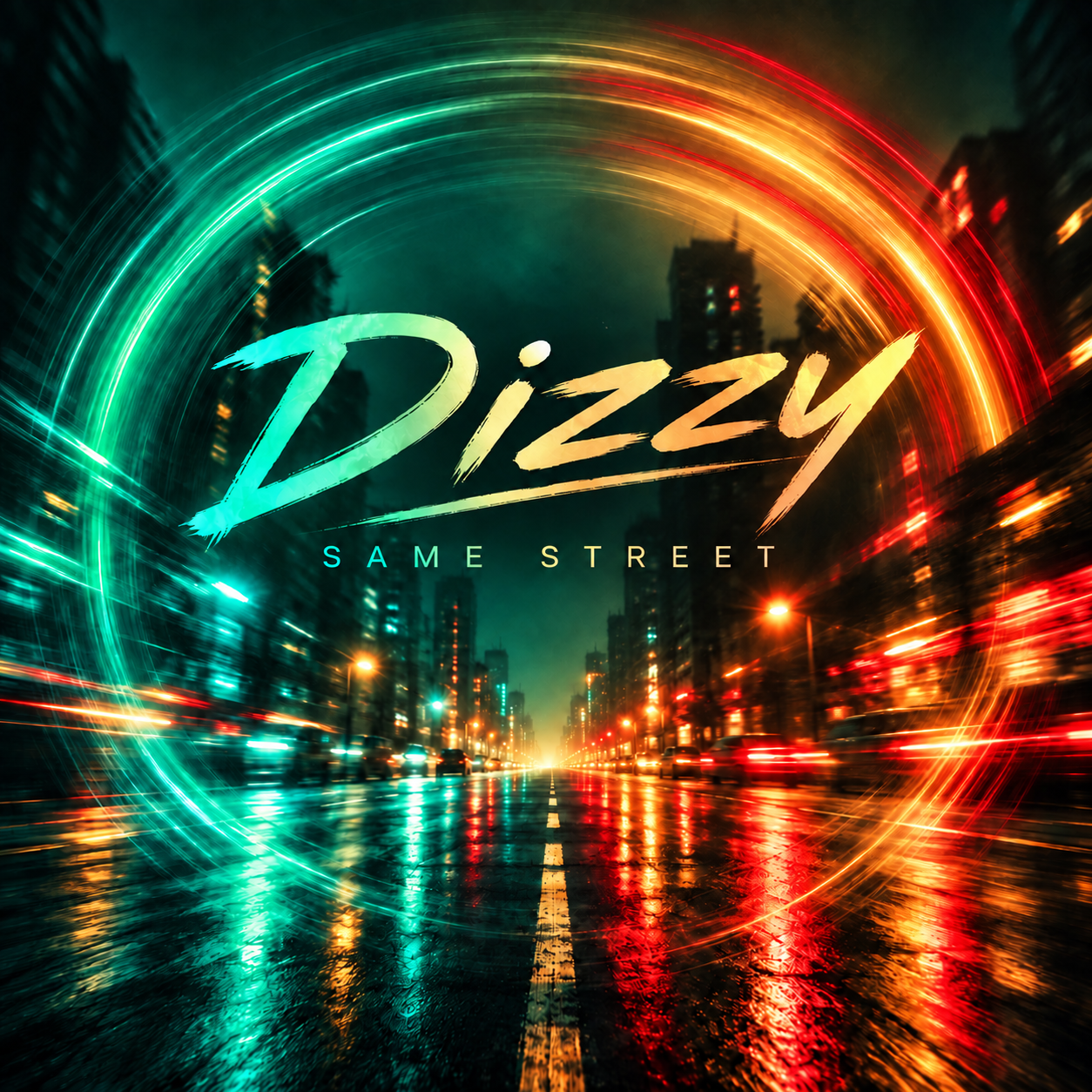 Same Street album cover with the artist name Dizzy over a wet city street surrounded by teal and orange light trails
