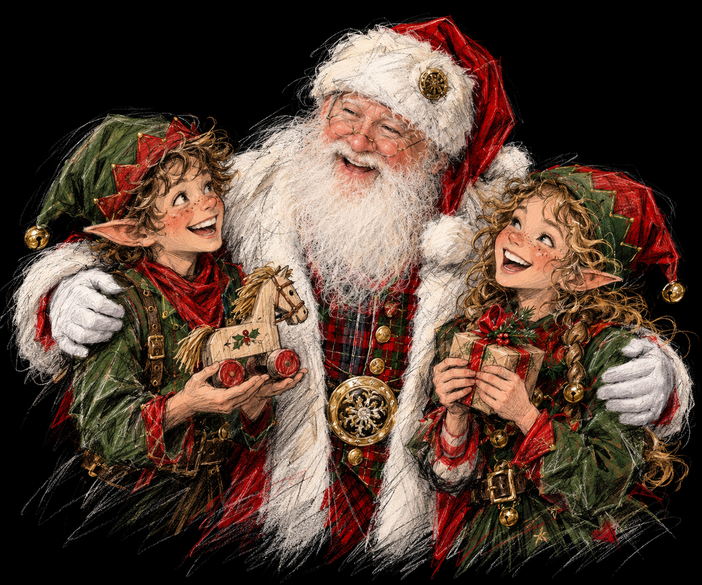 Sketch of Santa Bear David celebrating with two elves