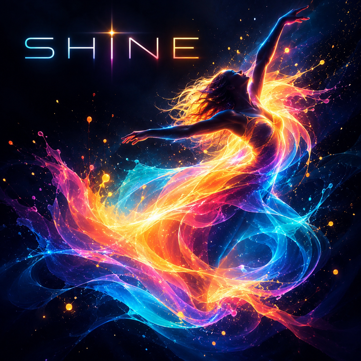 Shine album cover featuring a dancer formed from vivid streams of blue, pink, and golden light
