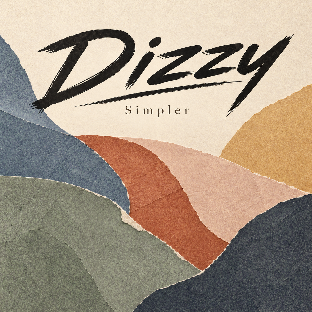 Simpler album cover with the artist name Dizzy above layered paper shapes in muted natural colors