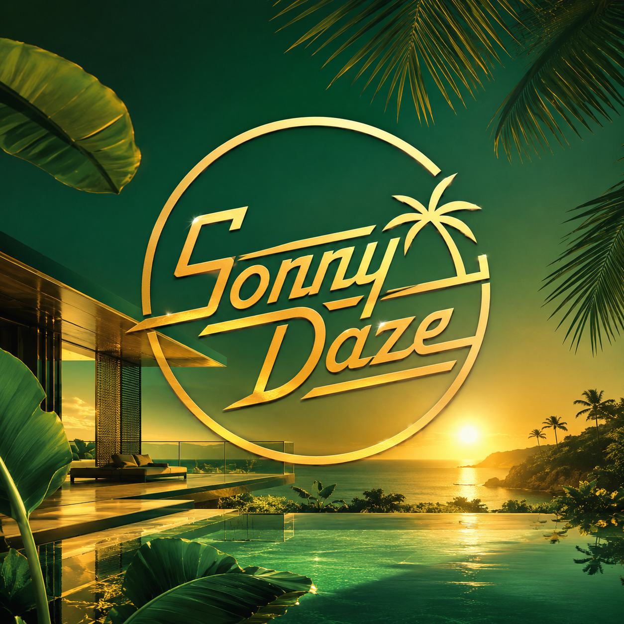 Sonny Daze album cover with a gold logo over a tropical ocean sunset and poolside view