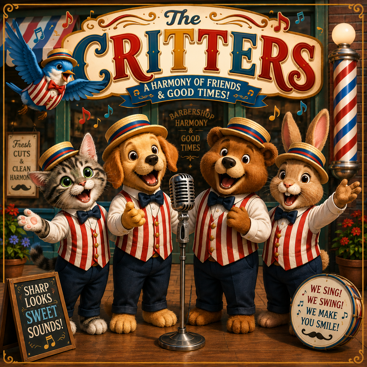 The Critters album cover featuring a cat, dog, bear, and rabbit singing barbershop harmony around a vintage microphone